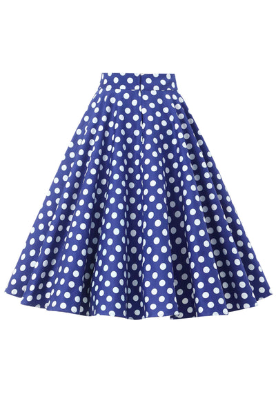 Back view of Maisie Navy Polka Dot Full Circle Midi Skirt