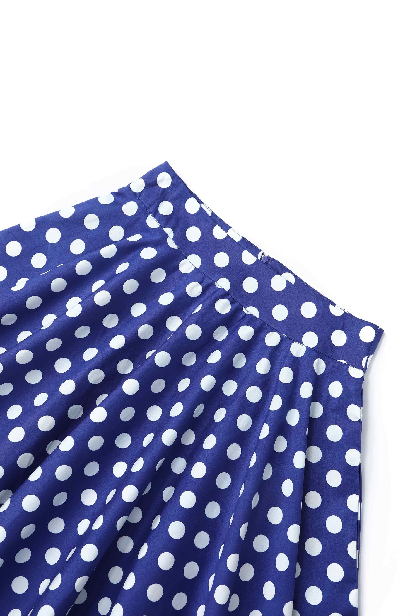 Waistband of Maisie Navy Polka Dot Full Circle Midi Skirt