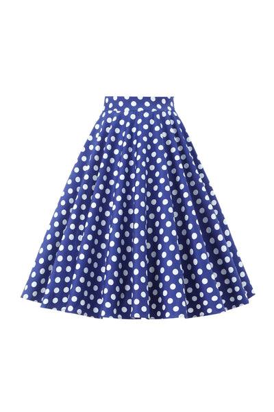 Front view of Maisie Navy Polka Dot Full Circle Midi Skirt