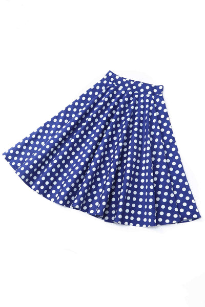 Close up view of Maisie Navy Polka Dot Full Circle Midi Skirt