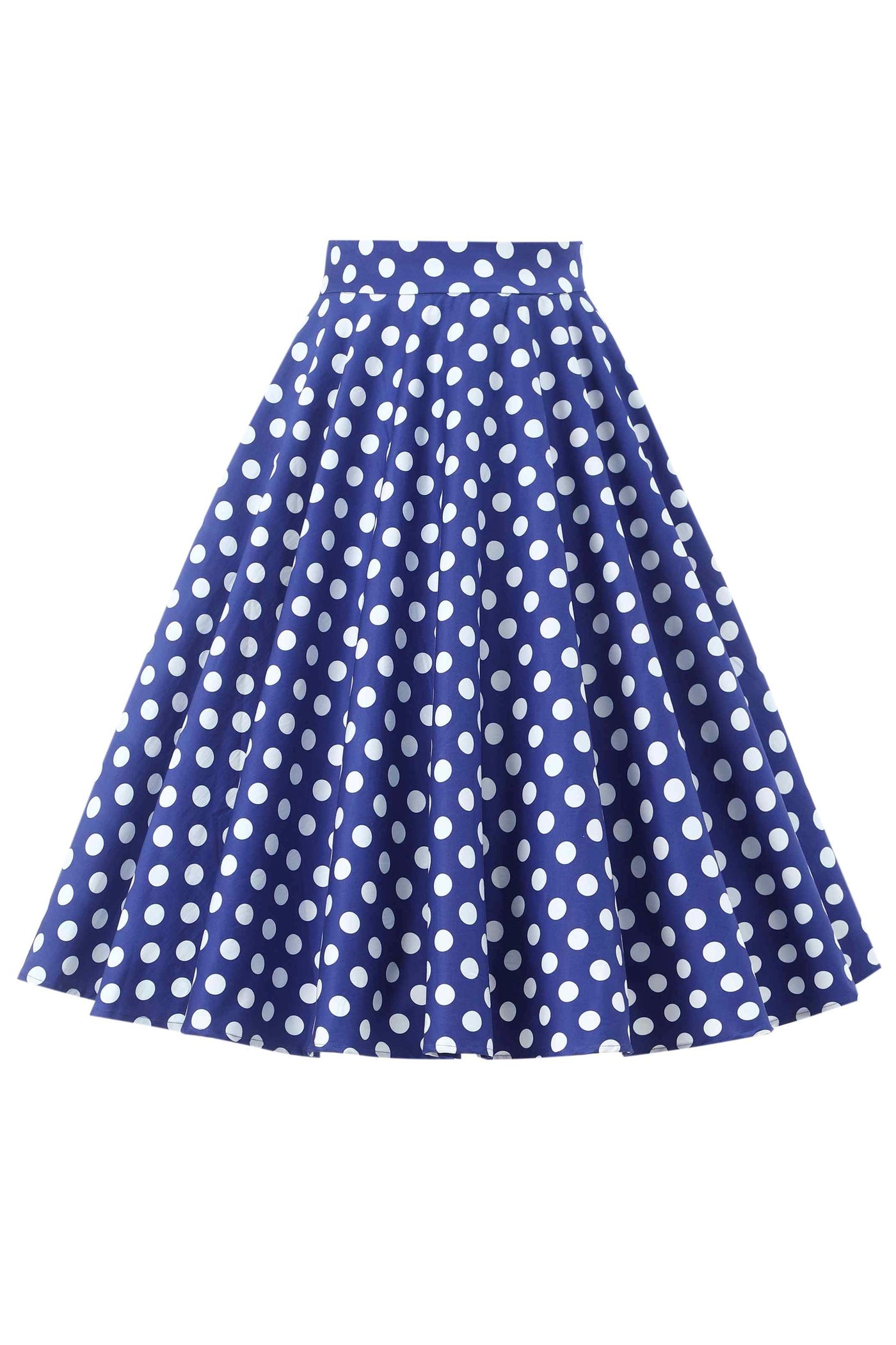 Front view of Maisie Navy Polka Dot Full Circle Midi Skirt