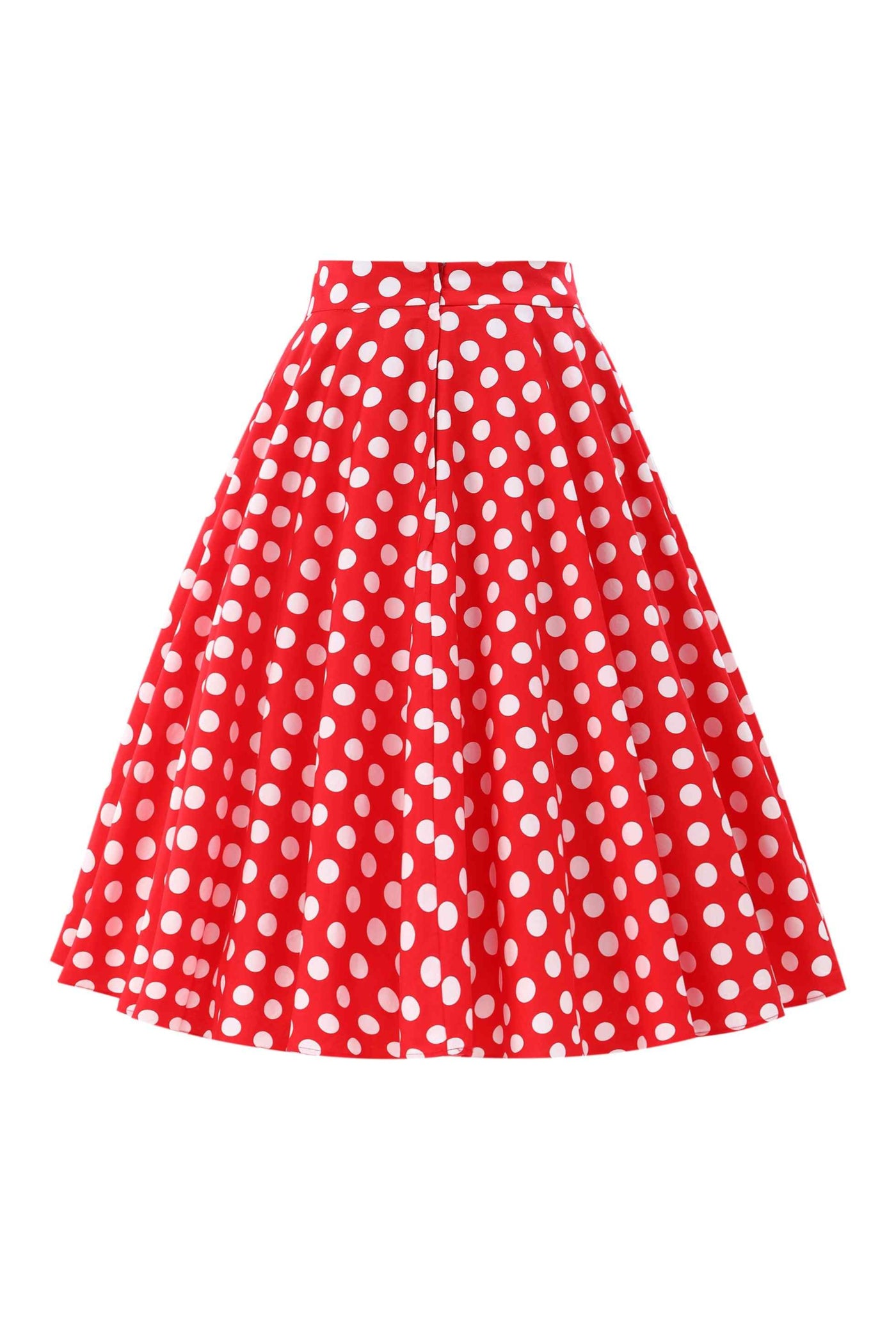 Back view of Maisie Red Polka Dot Full Circle Midi Skirt