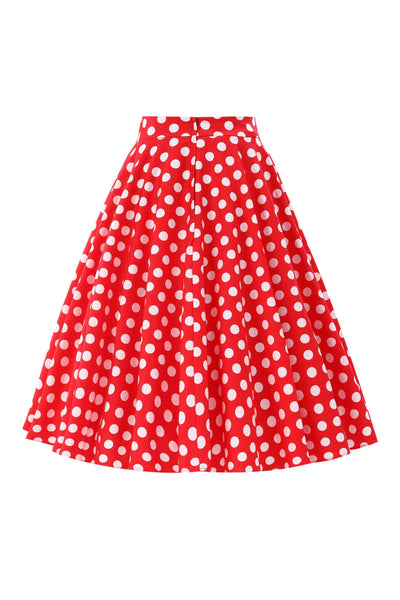 Back view of Maisie Red Polka Dot Full Circle Midi Skirt