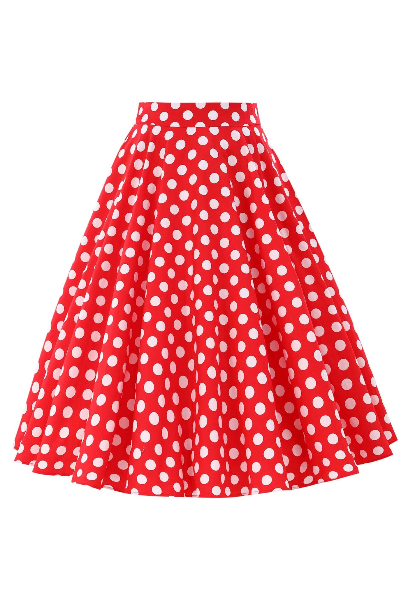 Front View of Maisie Red Polka Dot Full Circle Midi Skirt