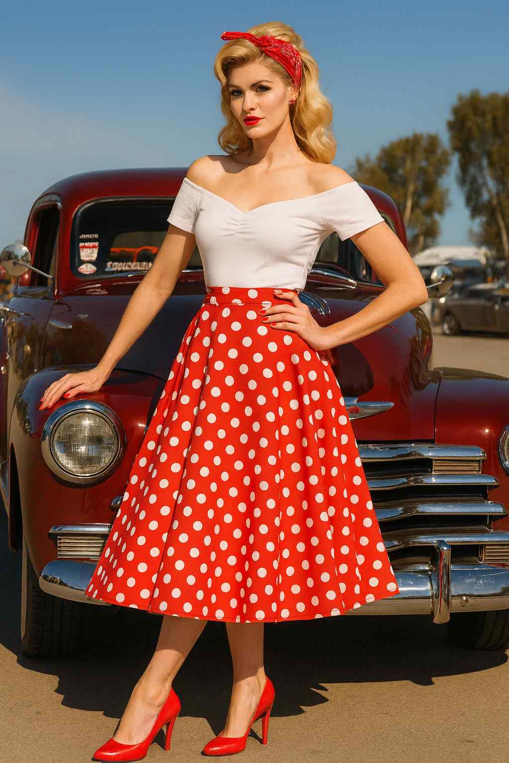 A model wearing a Maisie Red Polka Dot Full Circle Midi Skirt