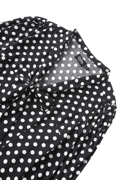 Close up view the collar of Margaret Polka Dot Long Sleeved Blouse In Black