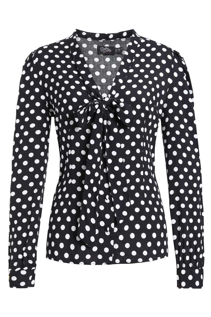 Front view of Margaret Polka Dot Long Sleeved Blouse In Black