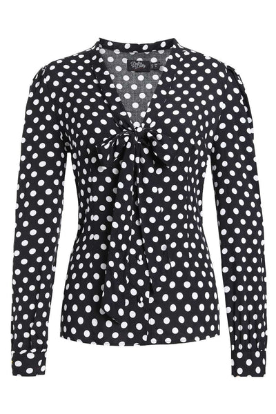 Front view of Margaret Polka Dot Long Sleeved Blouse In Black