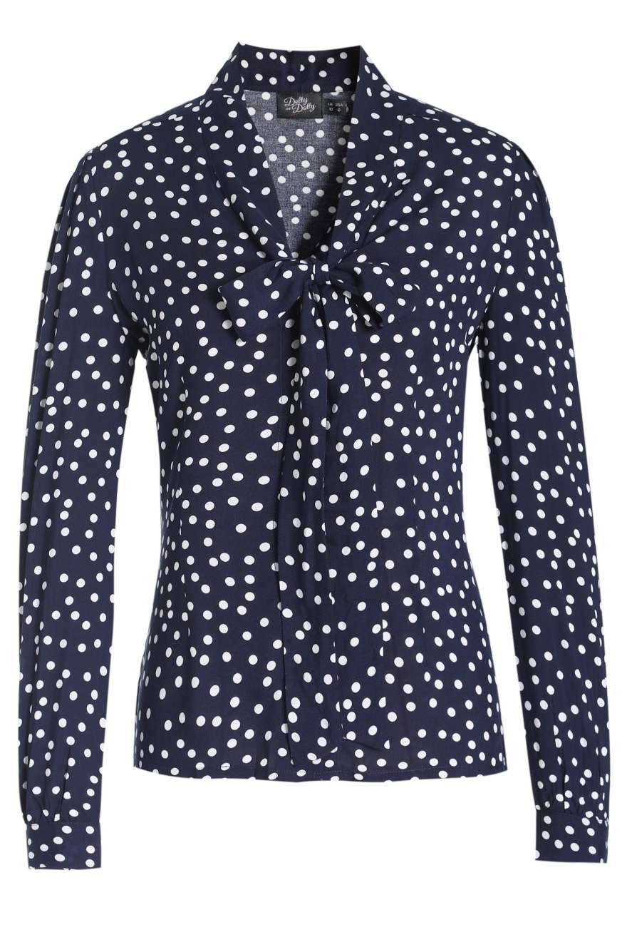 Front view of Margaret Polka Dot Long Sleeved Blouse In Dark Blue
