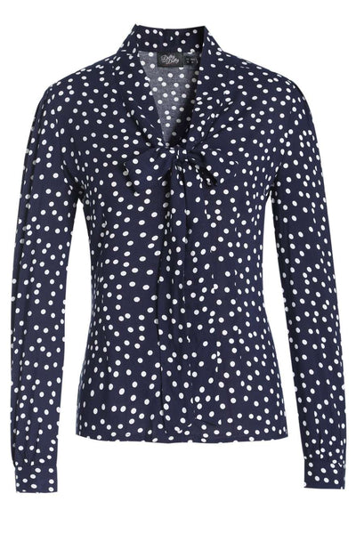 Front view of Margaret Polka Dot Long Sleeved Blouse In Dark Blue