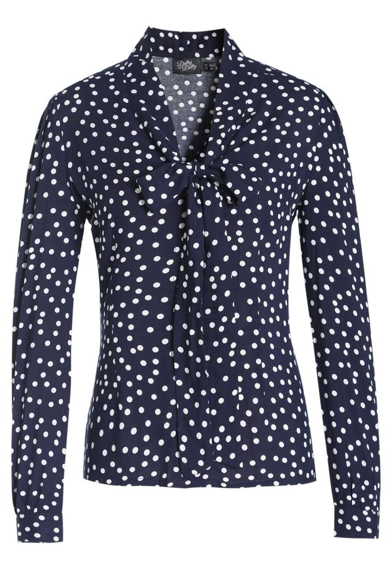 Front view of Margaret Polka Dot Long Sleeved Blouse In Dark Blue