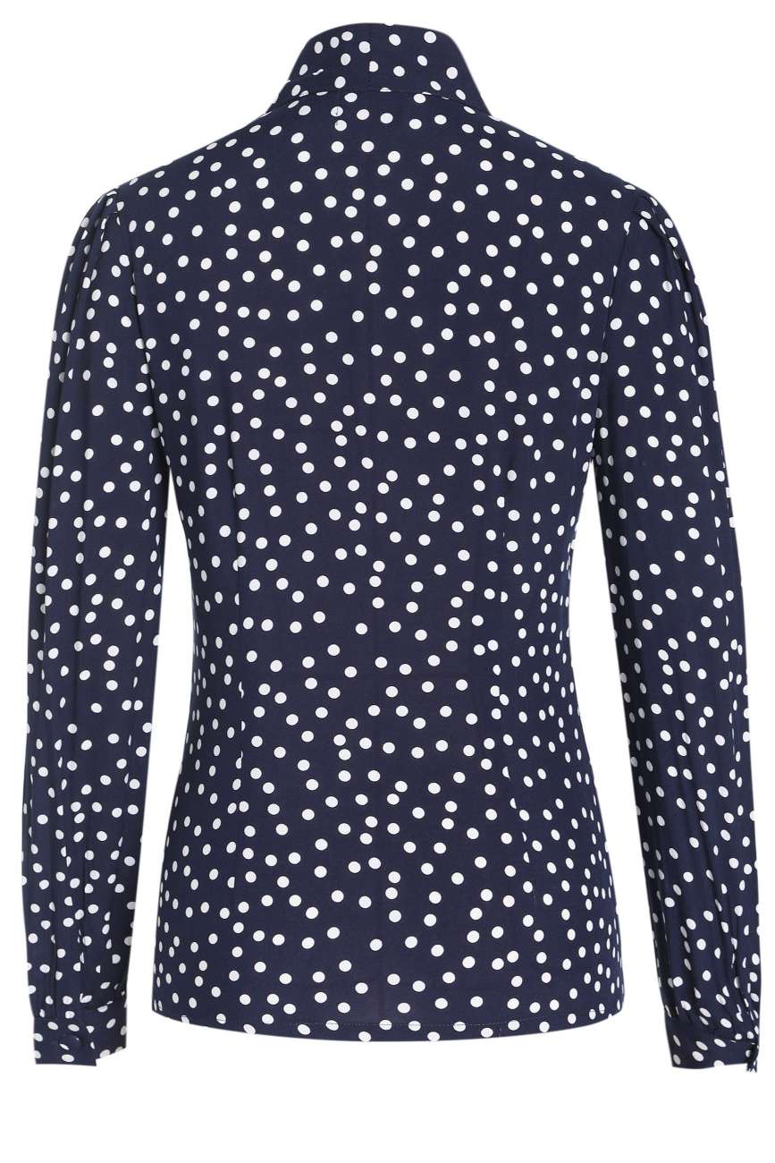 Back view of Margaret Polka Dot Long Sleeved Blouse In Dark Blue