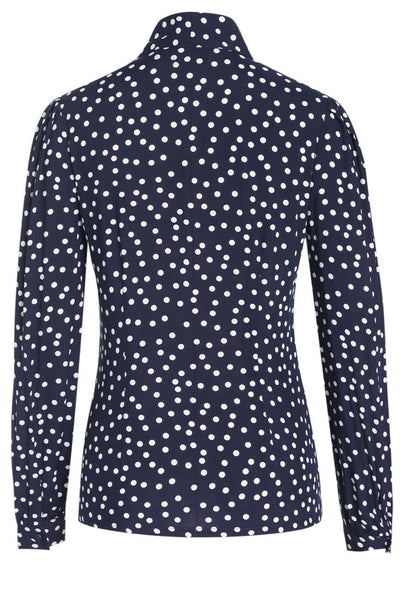 Back view of Margaret Polka Dot Long Sleeved Blouse In Dark Blue