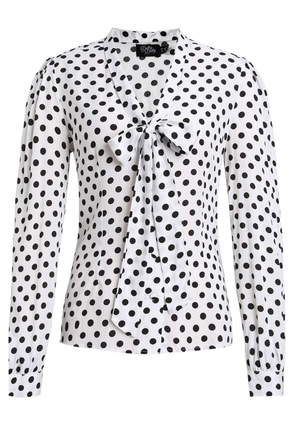 Front view of Margaret Polka Dot Long Sleeved Blouse In White