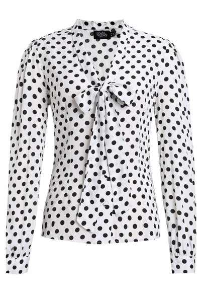 Front view of Margaret Polka Dot Long Sleeved Blouse In White