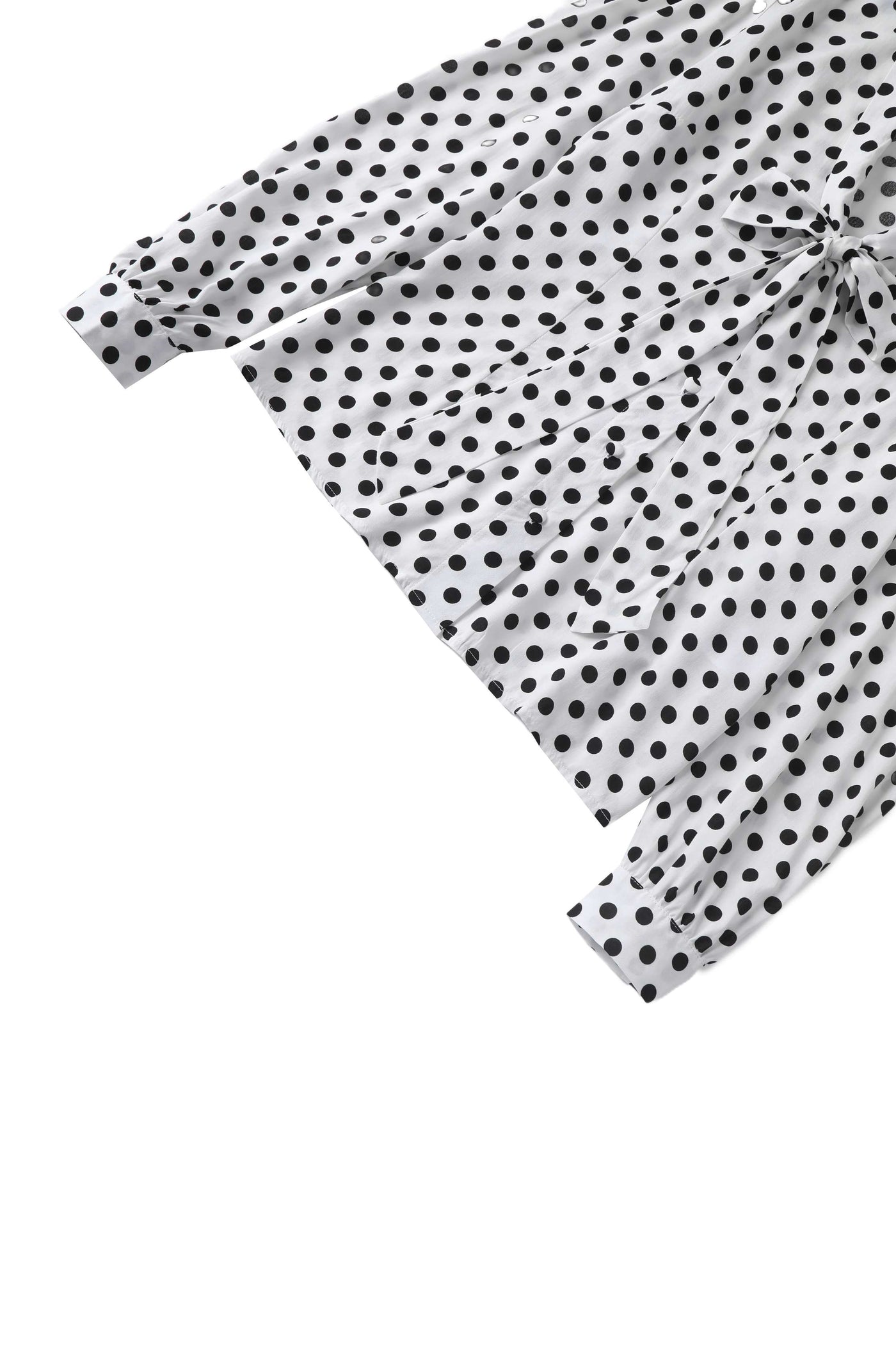 Close up view of Margaret Polka Dot Long Sleeved Blouse In White