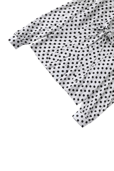 Close up view of Margaret Polka Dot Long Sleeved Blouse In White