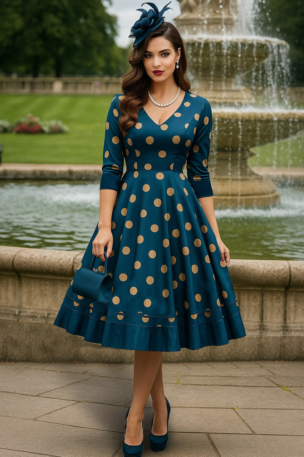 A model wearing a Maria Blue Circle Dress With Polka Dots