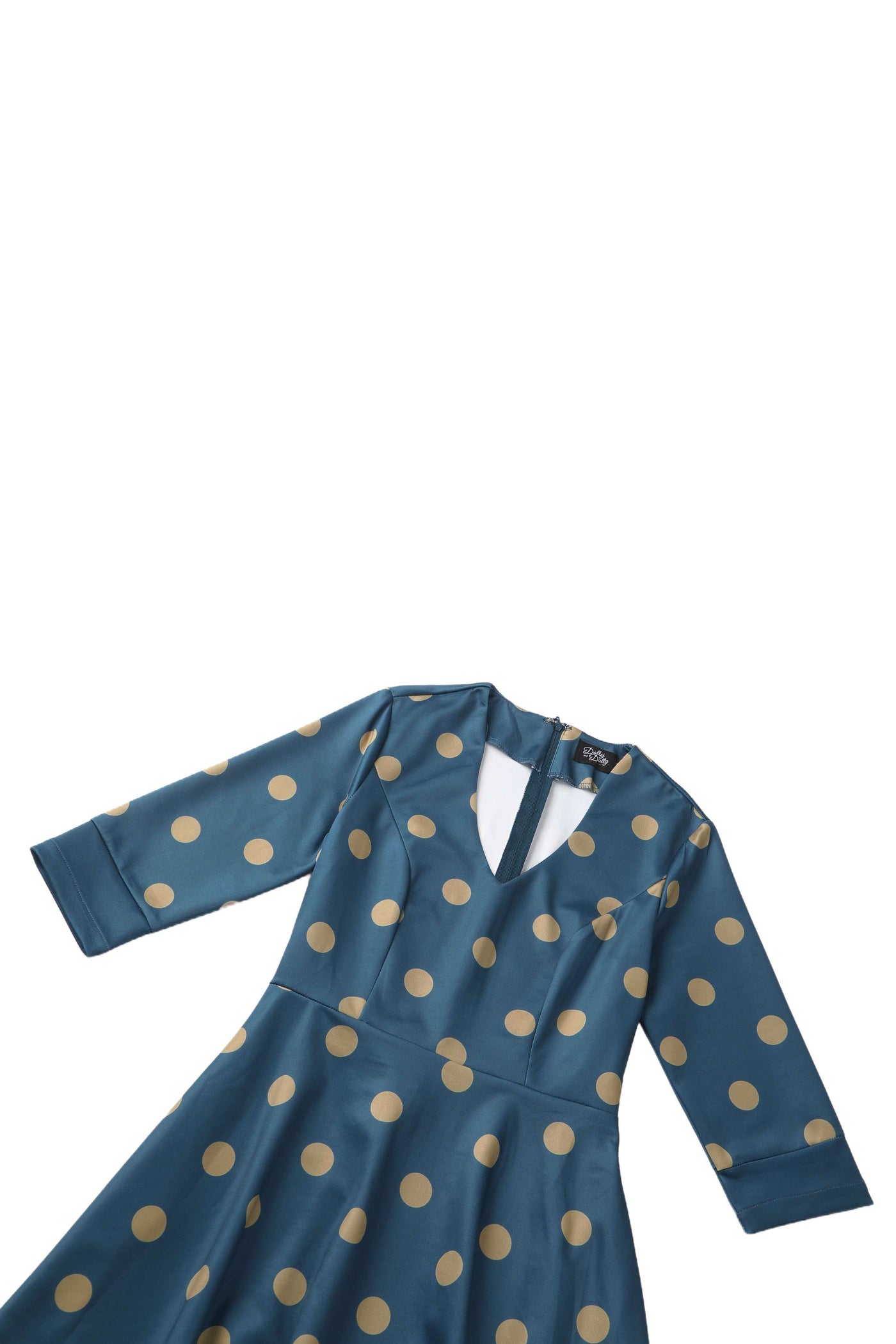 Close up view of Maria Blue Circle Dress With Polka Dots