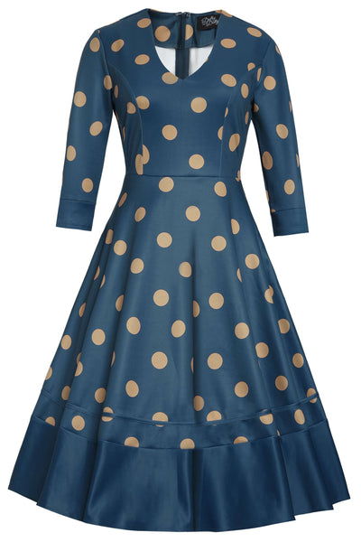 Front view of Maria Blue Circle Dress With Polka Dots