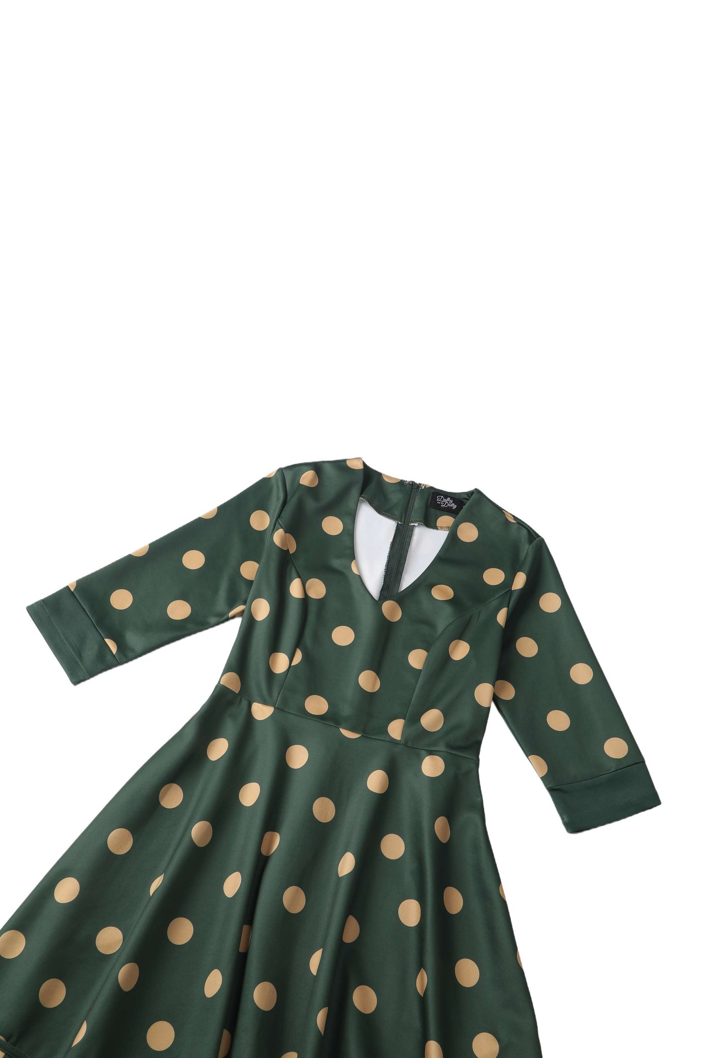 Close up view the top of Maria Green Circle Dress With Polka Dots