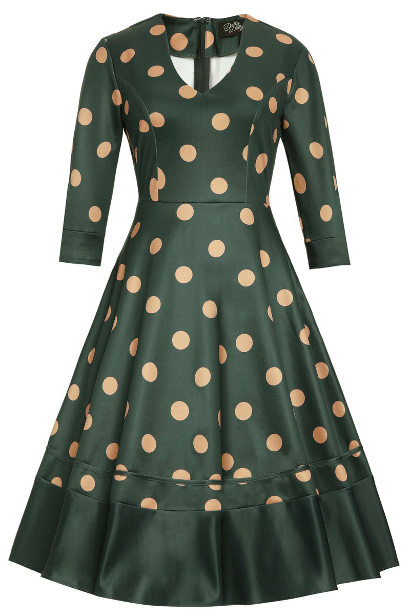 Front view of Maria Green Circle Dress With Polka Dots