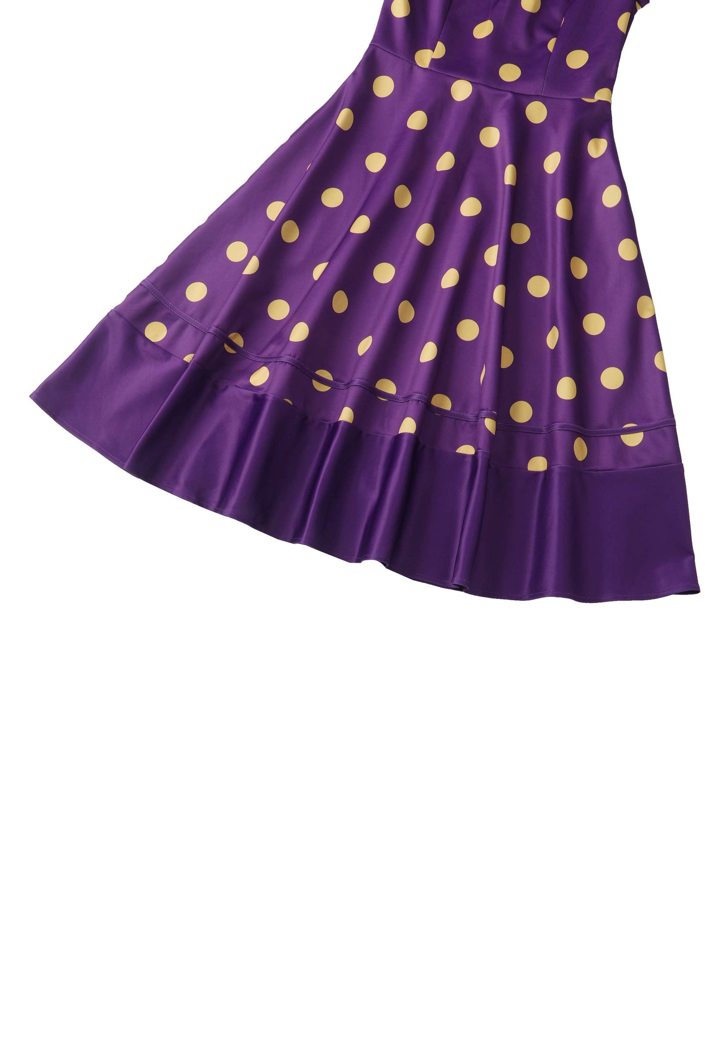 Close up view of Maria Purple Circle Dress With Polka Dots