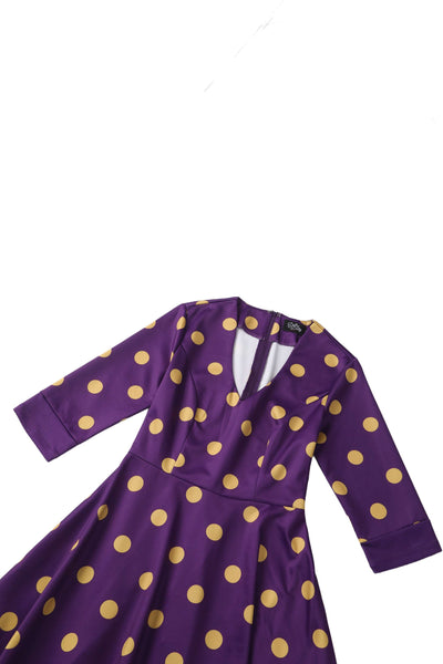 Close up view the top of Maria Purple Circle Dress With Polka Dots