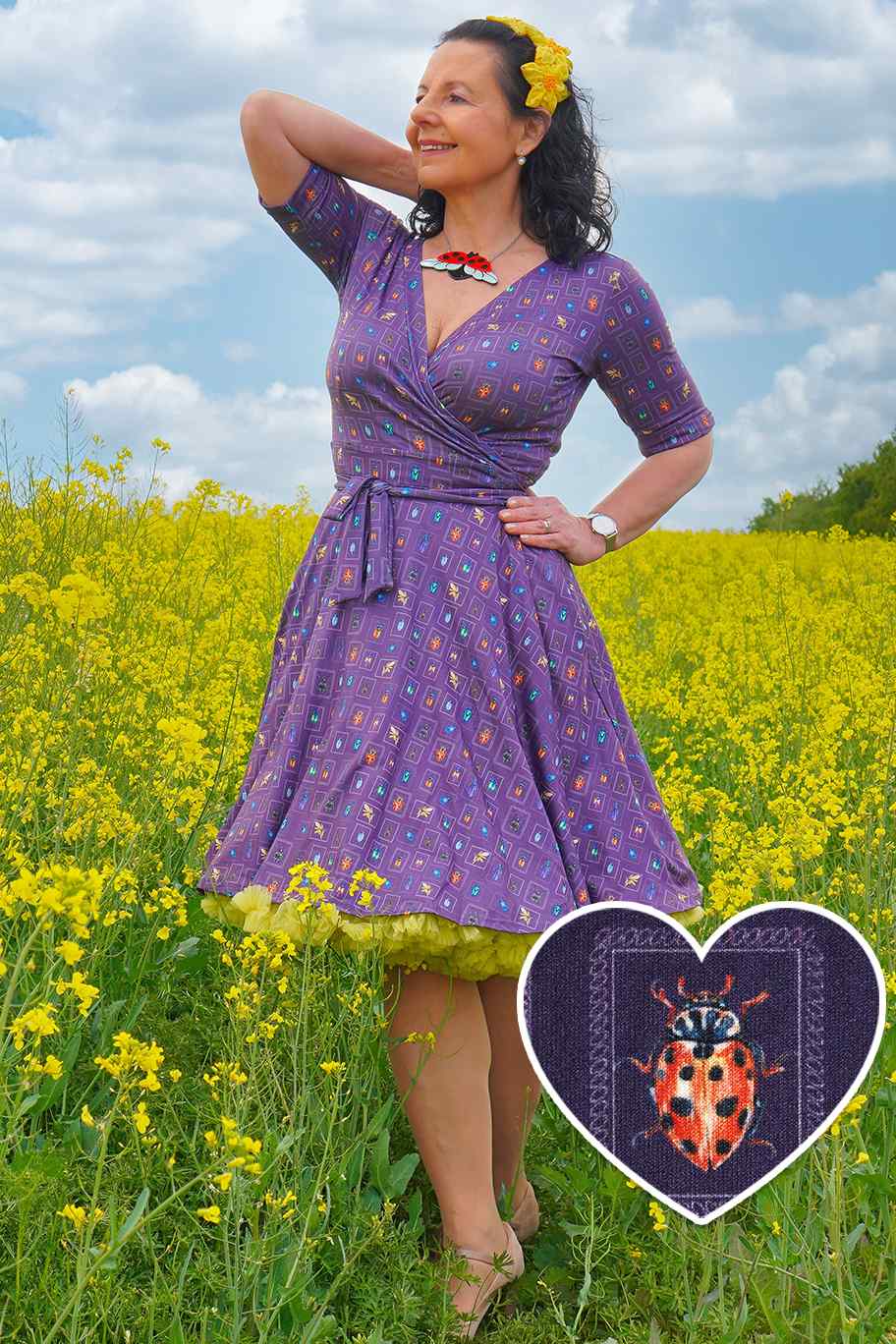 A model wearing Bug Collection Wrap Dress