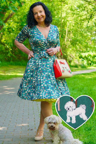 A model wearing Dog Lover Wrap Dress In Green