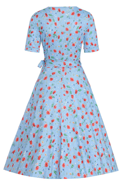 matilda light blue poppy floral wrap dress behind angle