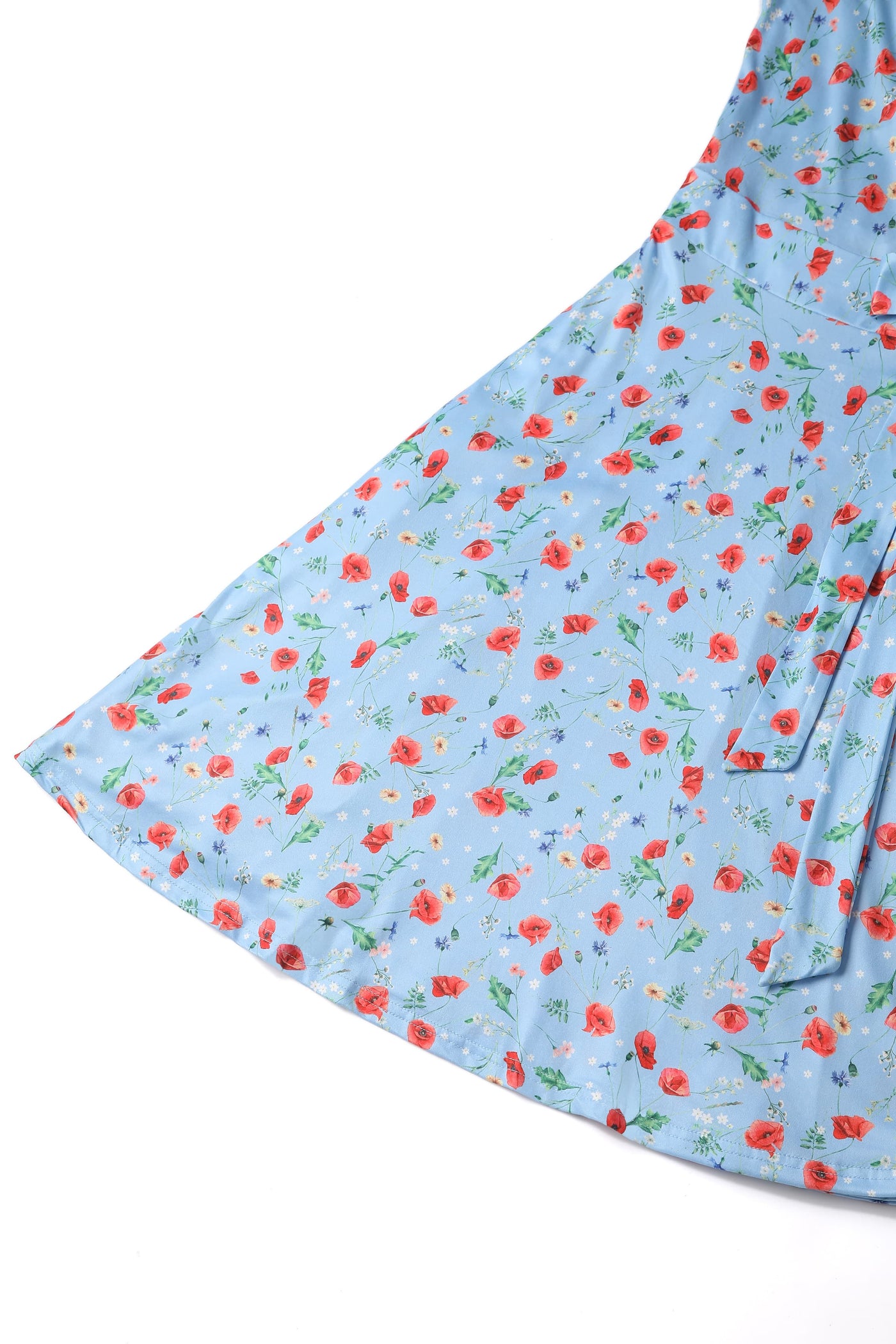 matilda light blue poppy floral wrap dress skirt close up