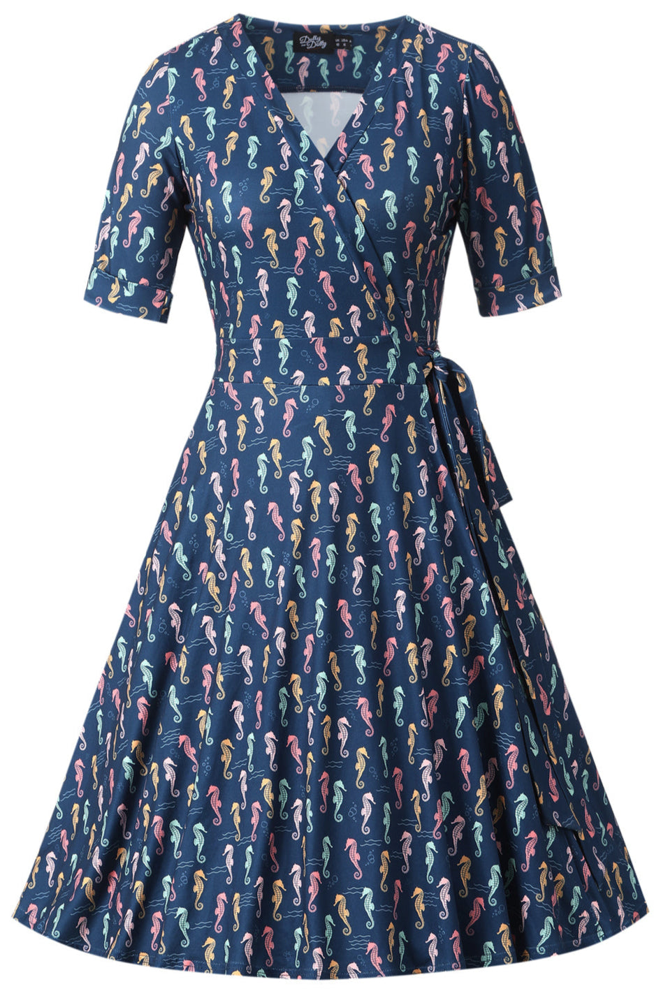 Front view of Matilda Navy Blue Seahorse Wrap Dress