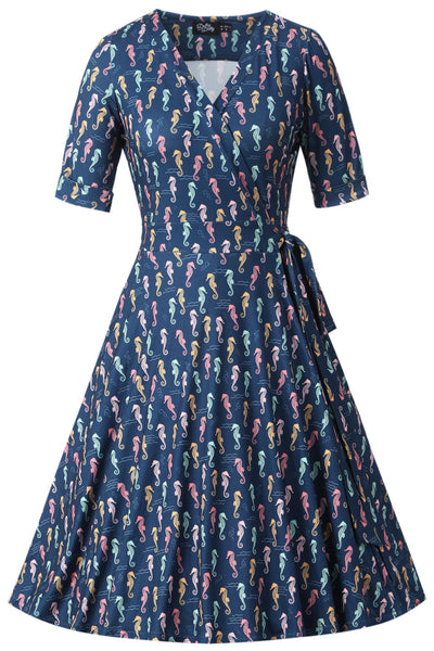 Front view of Matilda Navy Blue Seahorse Wrap Dress