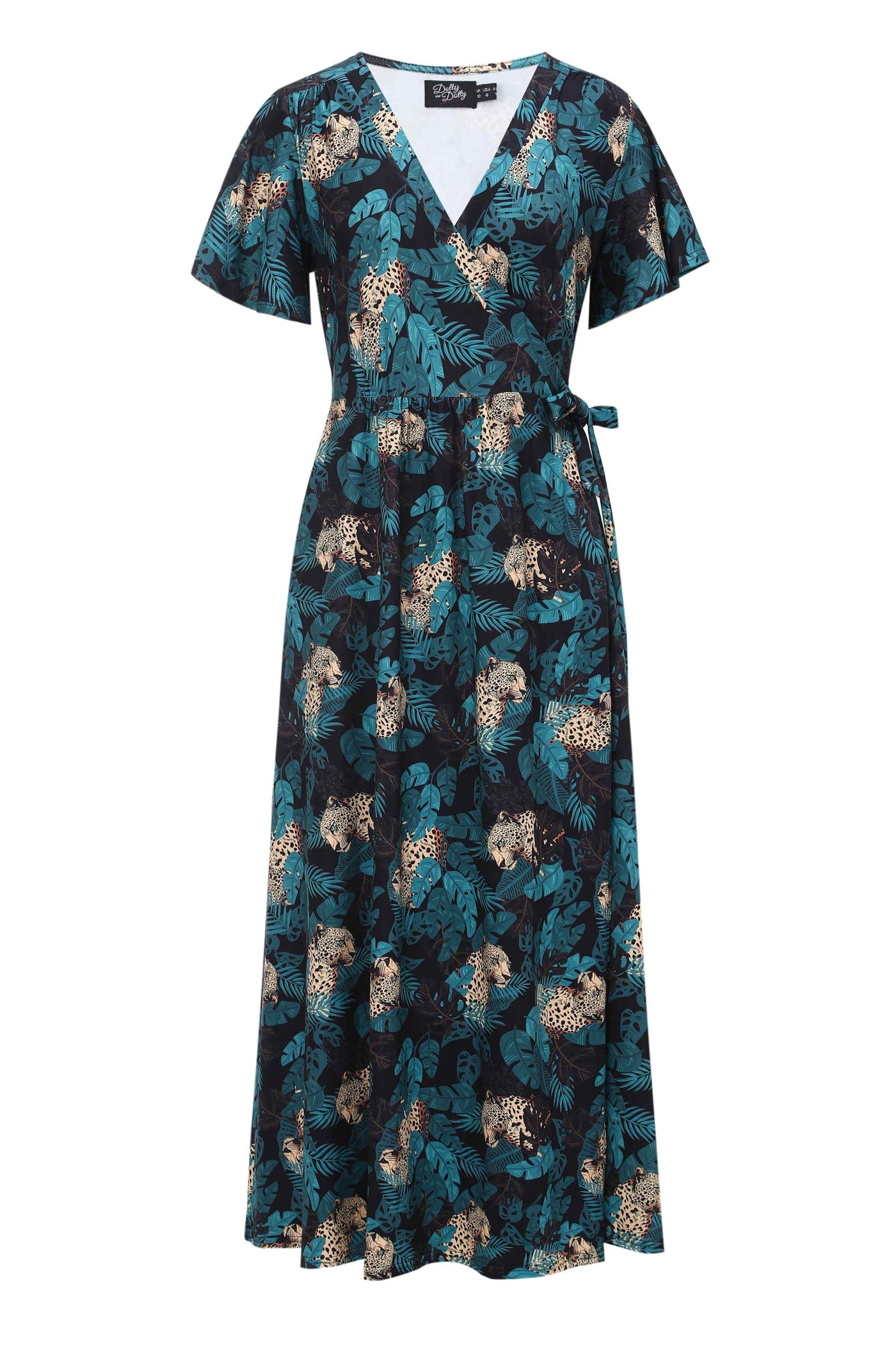 Front view of Maxi Wrap Dress In Cheetah Jungle Print