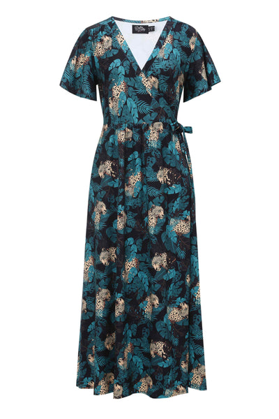 Front view of Maxi Wrap Dress In Cheetah Jungle Print