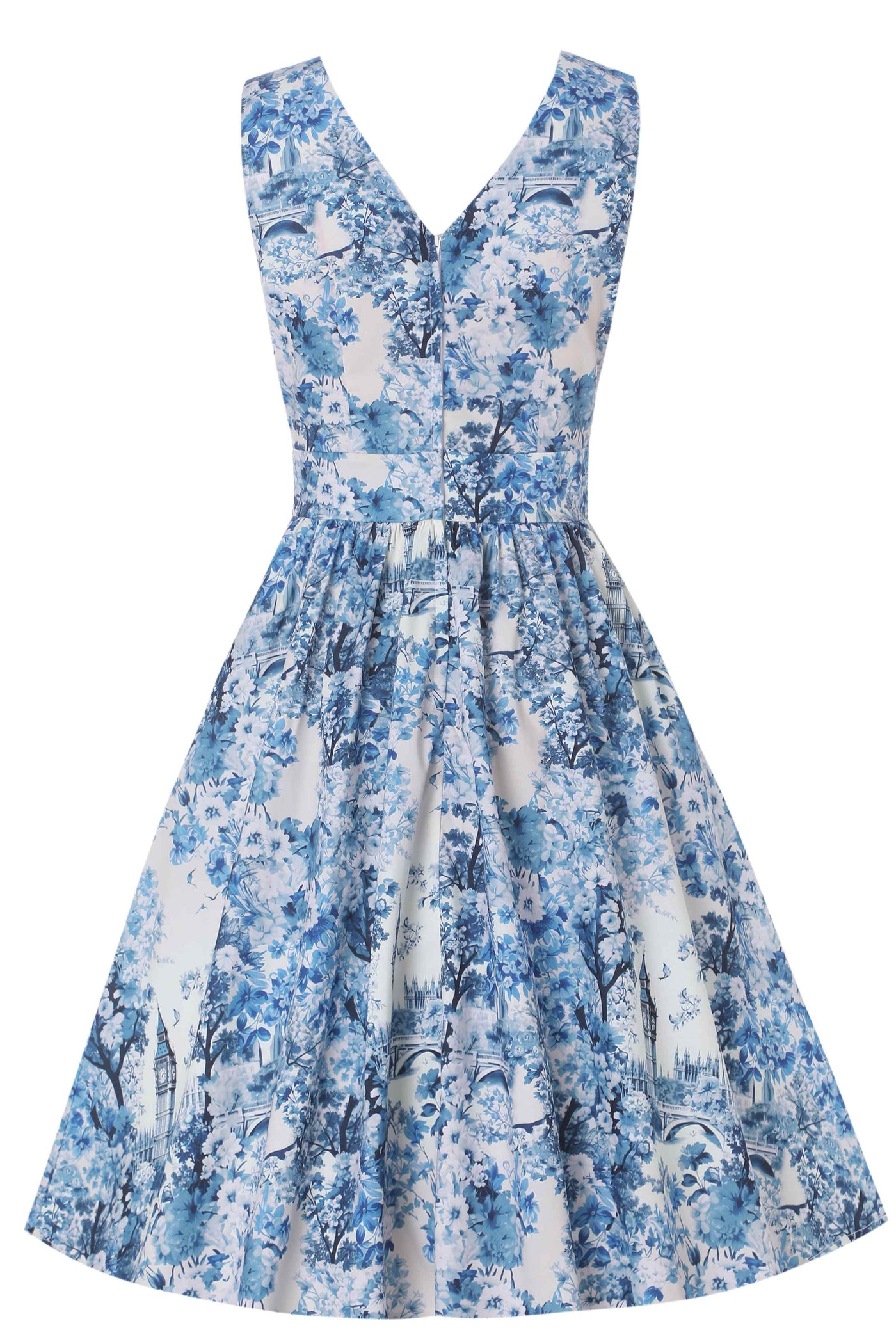 Back view of May White Crossover Bust Dress In Big Ben Print