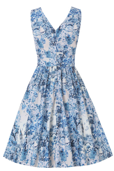 Back view of May White Crossover Bust Dress In Big Ben Print