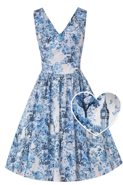 Front view of May White Crossover Bust Dress In Big Ben Print