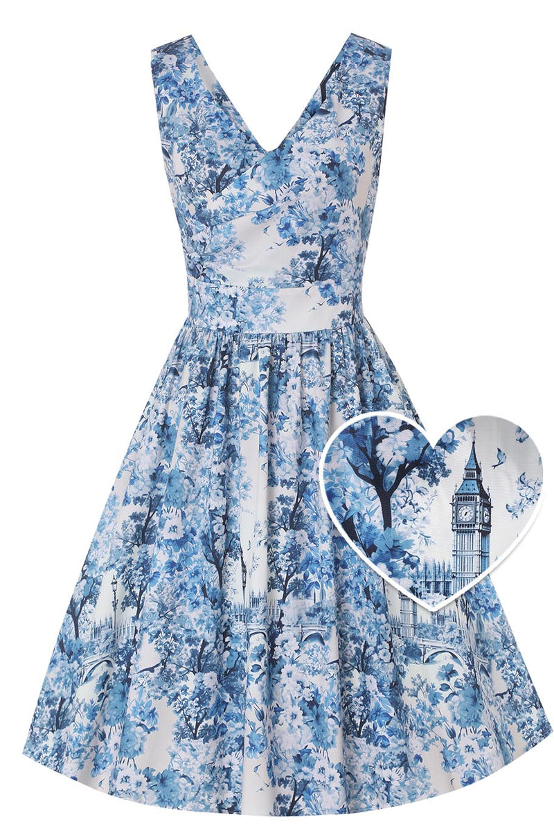 Front view of May White Crossover Bust Dress In Big Ben Print