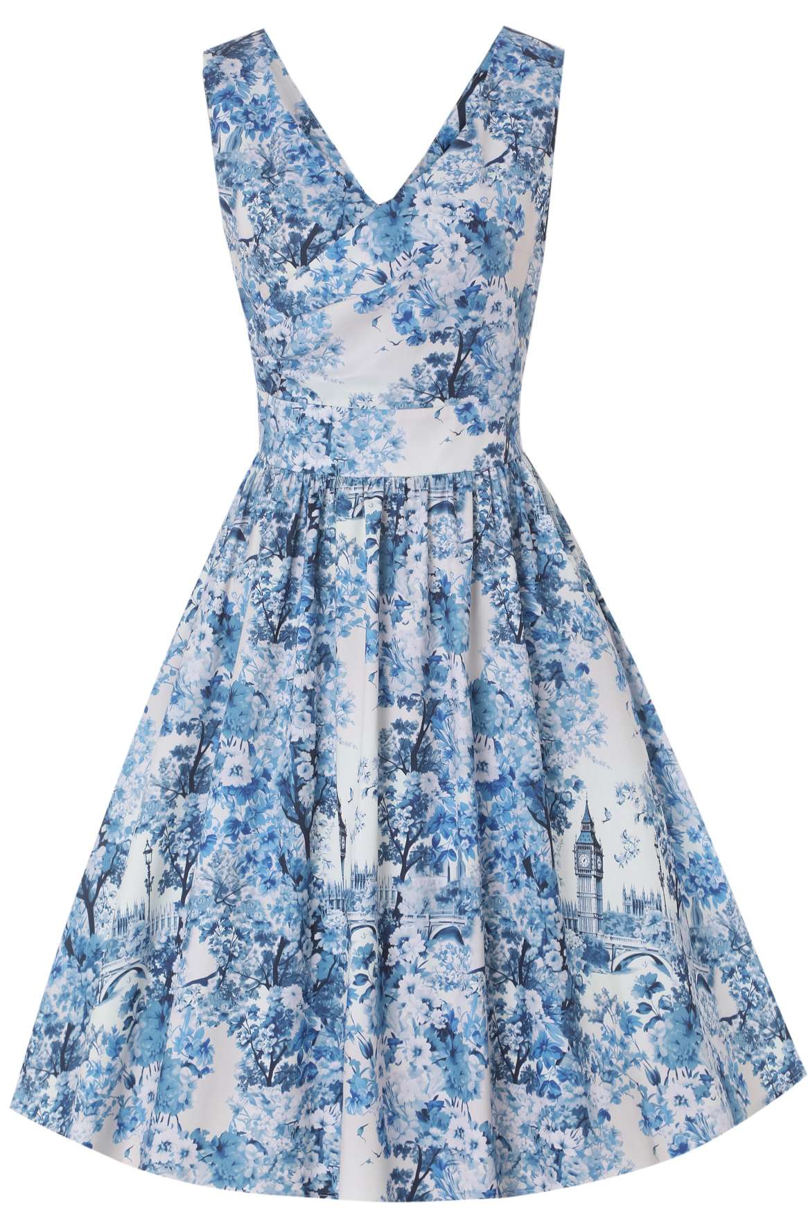 Front view of May White Crossover Bust Dress In Big Ben Print