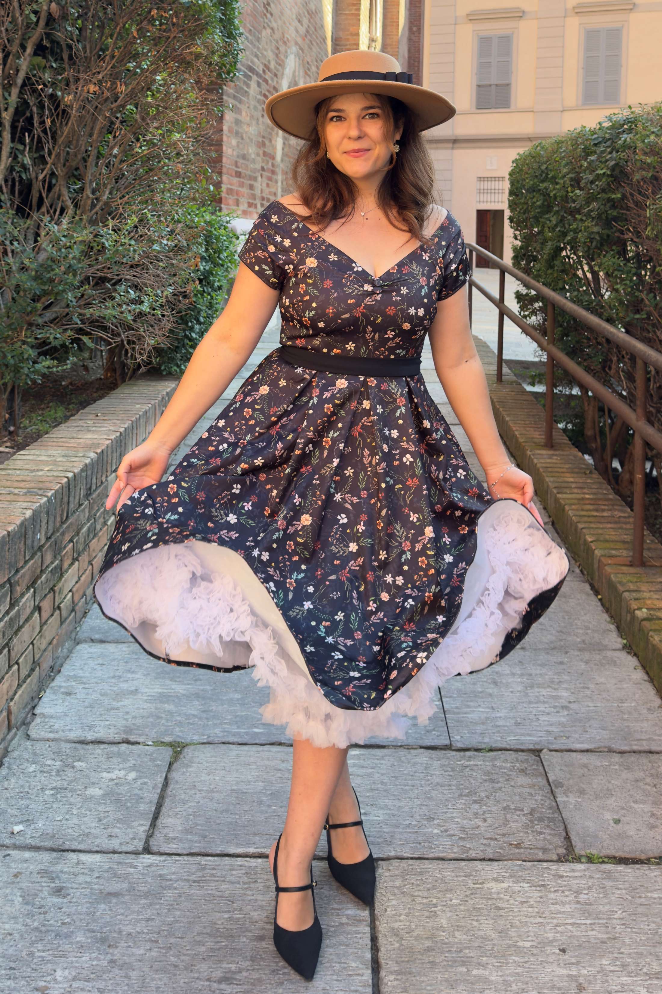 Lily Meadow Floral Black Off Shoulder Dress