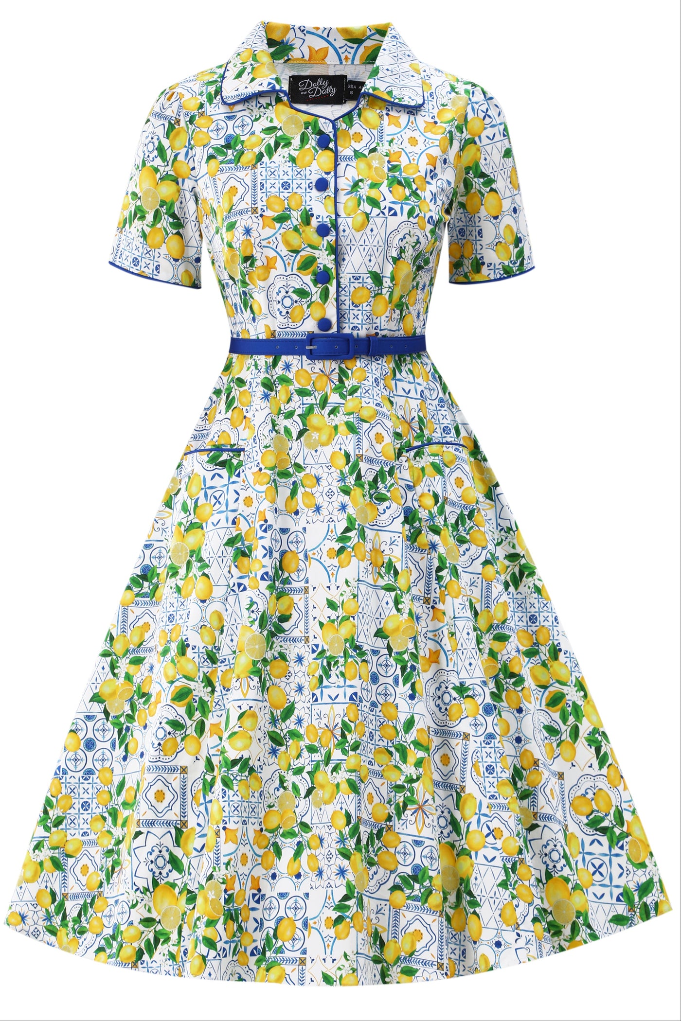 Front view of Mabel Mediterranean Lemon Midi Shirt Dress In White