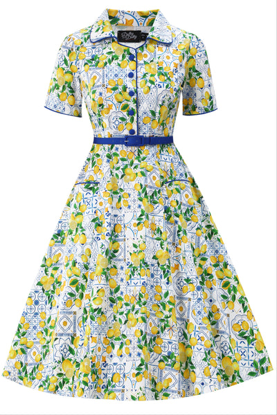 Front view of Mabel Mediterranean Lemon Midi Shirt Dress In White