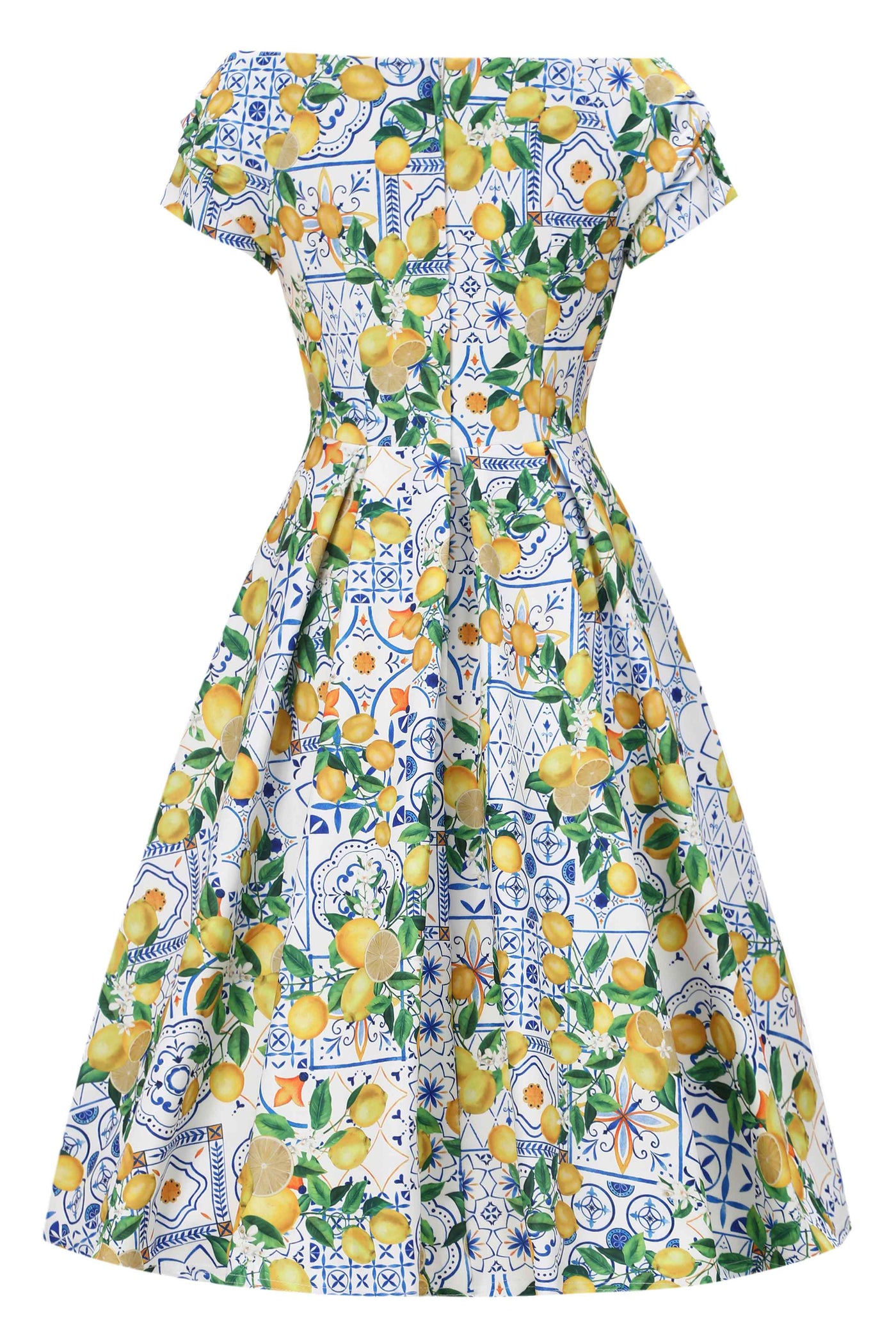 Back view of Mediterranean Lemon Off Shoulder Dress