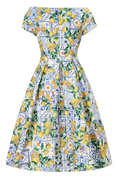 Back view of Mediterranean Lemon Off Shoulder Dress