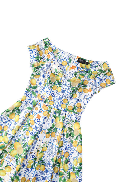 Close up view of Mediterranean Lemon Off Shoulder Dress