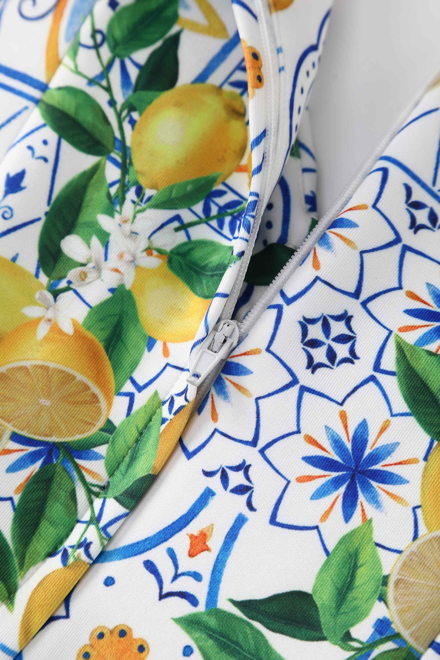 Close up view of Mediterranean Lemon Off Shoulder Dress