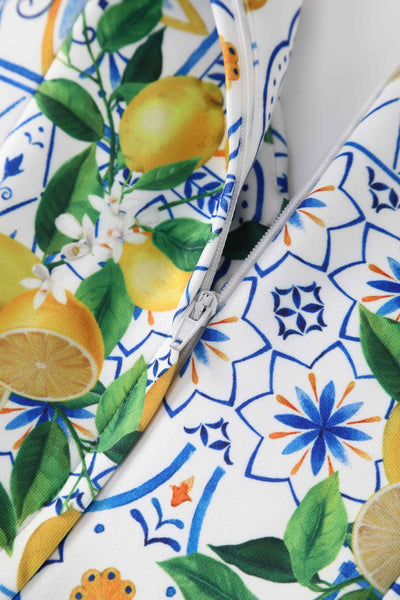 Close up view of Mediterranean Lemon Off Shoulder Dress
