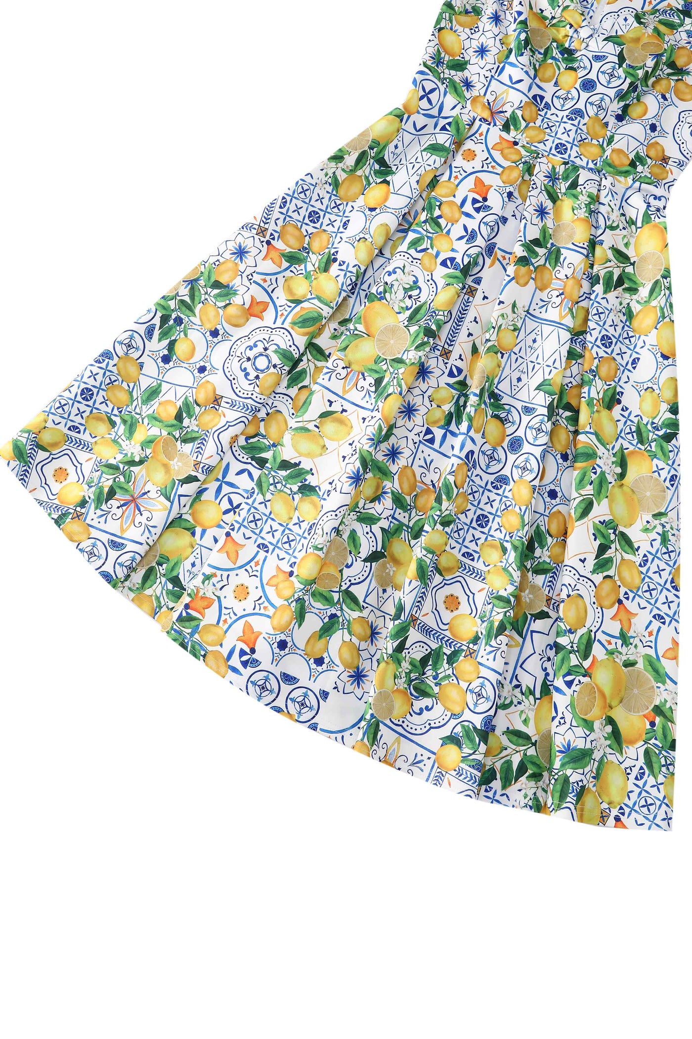 Close up view of Mediterranean Lemon Off Shoulder Dress